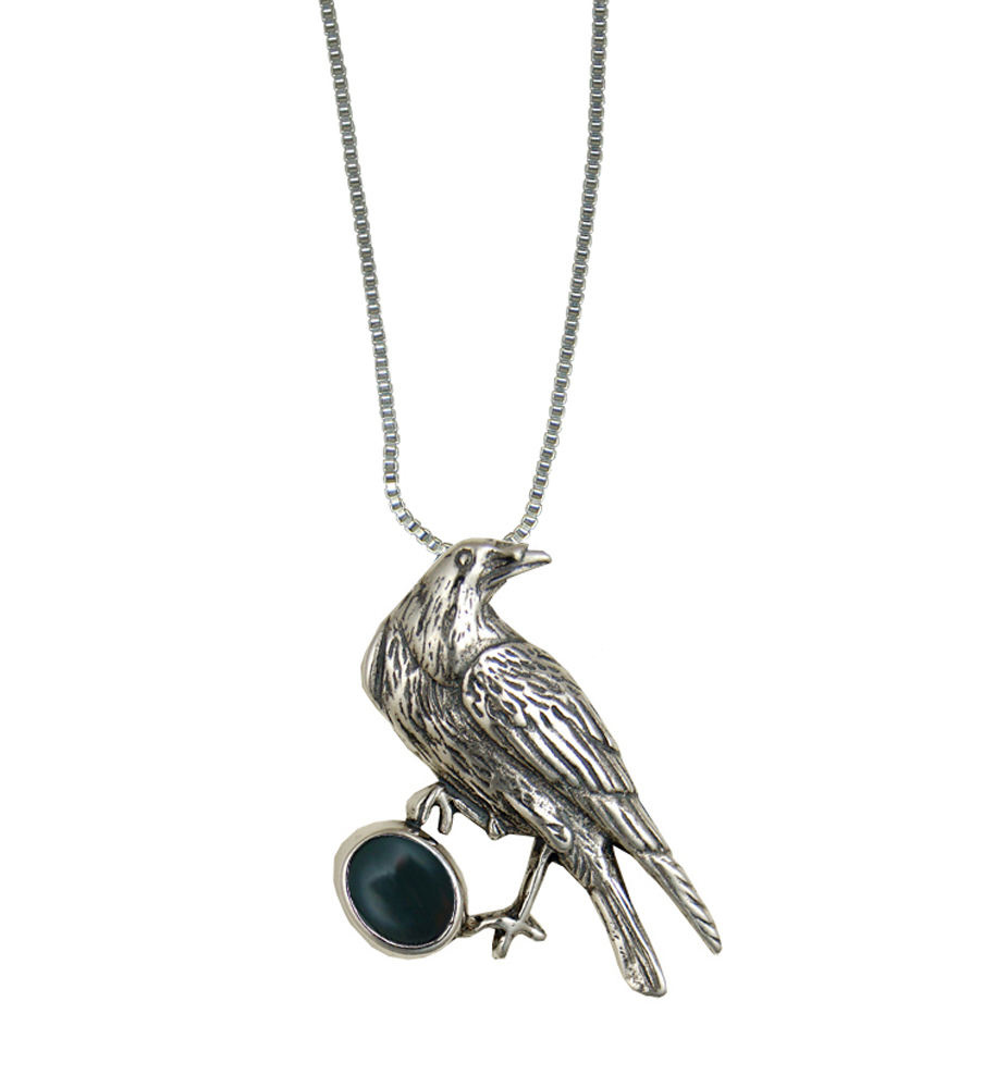 Sterling Silver Raven Pendant With Bloodstone